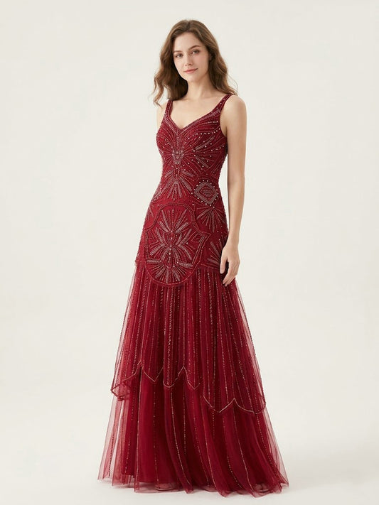 Wine Crystal Beading Evening Gown V-Neck Tulle Prom Dress MC20148