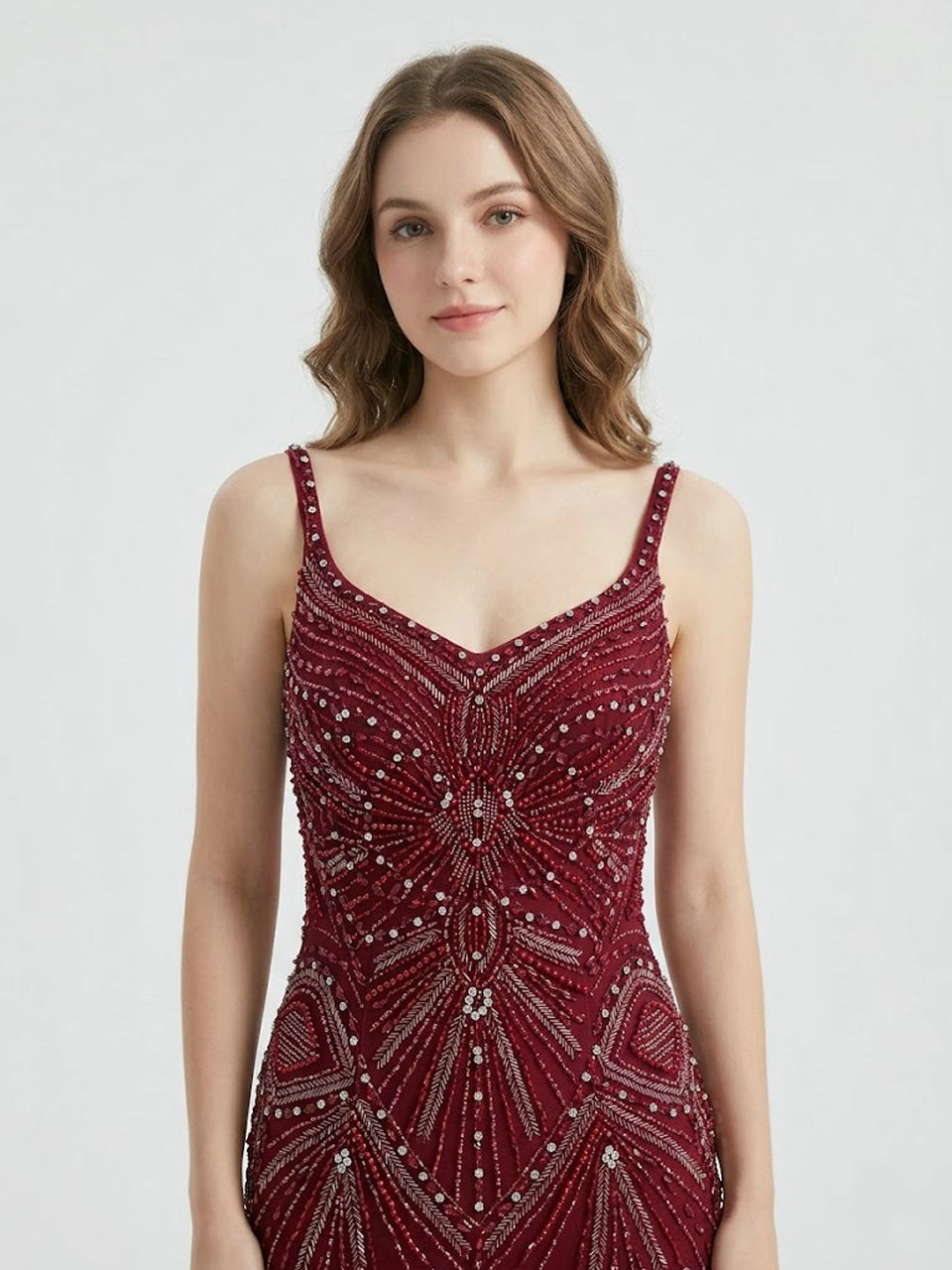Wine Crystal Beading Evening Gown V-Neck Tulle Prom Dress MC20148
