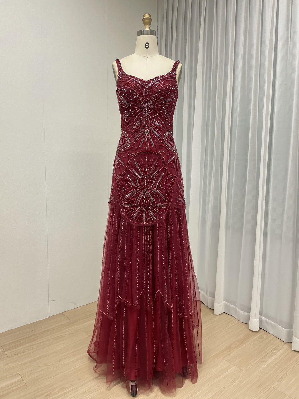 Wine Crystal Beading Evening Gown V-Neck Tulle Prom Dress MC20148