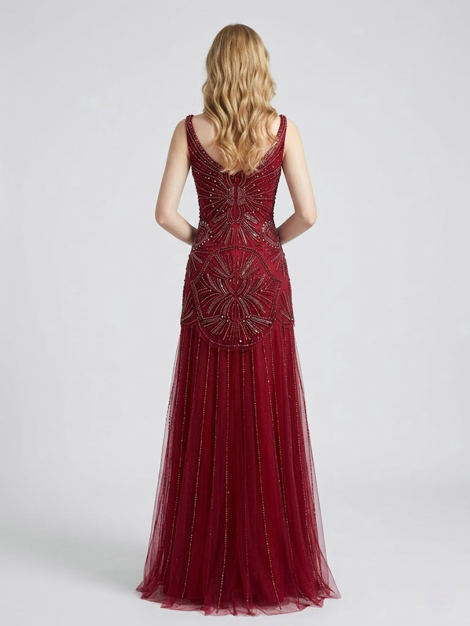 Wine Crystal Beading Evening Gown V-Neck Tulle Prom Dress MC20148