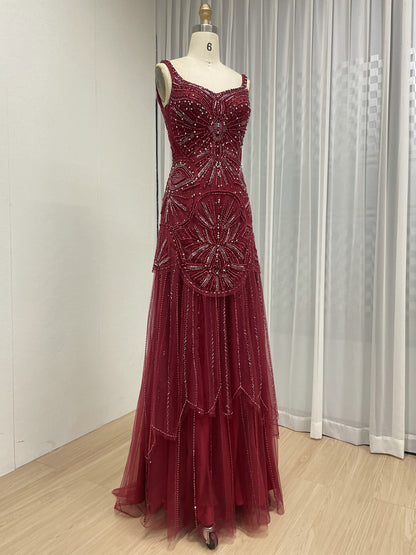 Wine Crystal Beading Evening Gown V-Neck Tulle Prom Dress MC20148