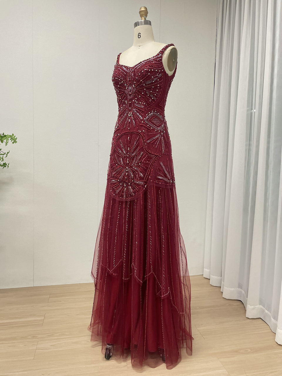 Wine Crystal Beading Evening Gown V-Neck Tulle Prom Dress MC20148
