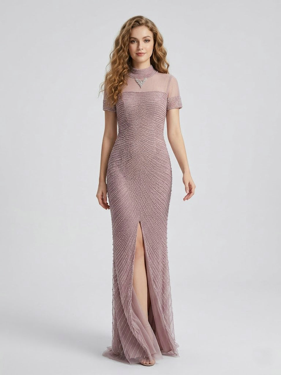 Pink Pearl Beaded Illusion Neckline Evening Gown with Slit MC20149