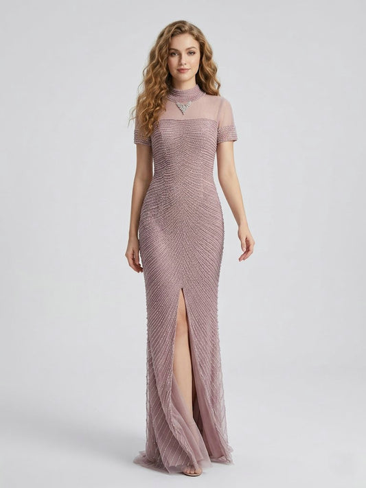 Pink Pearl Beaded Illusion Neckline Evening Gown with Slit MC20149