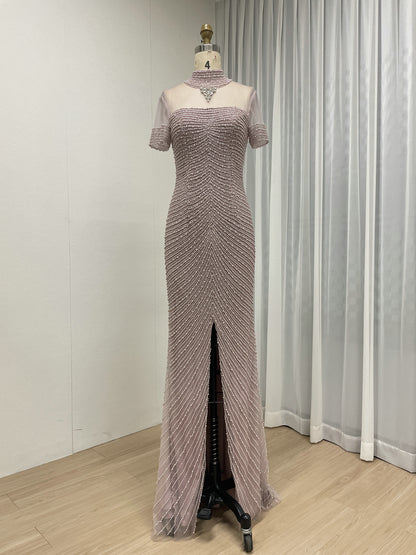 Pink Pearl Beaded Illusion Neckline Evening Gown with Slit MC20149