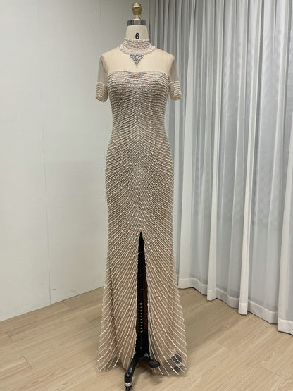 Pink Pearl Beaded Illusion Neckline Evening Gown with Slit MC20149
