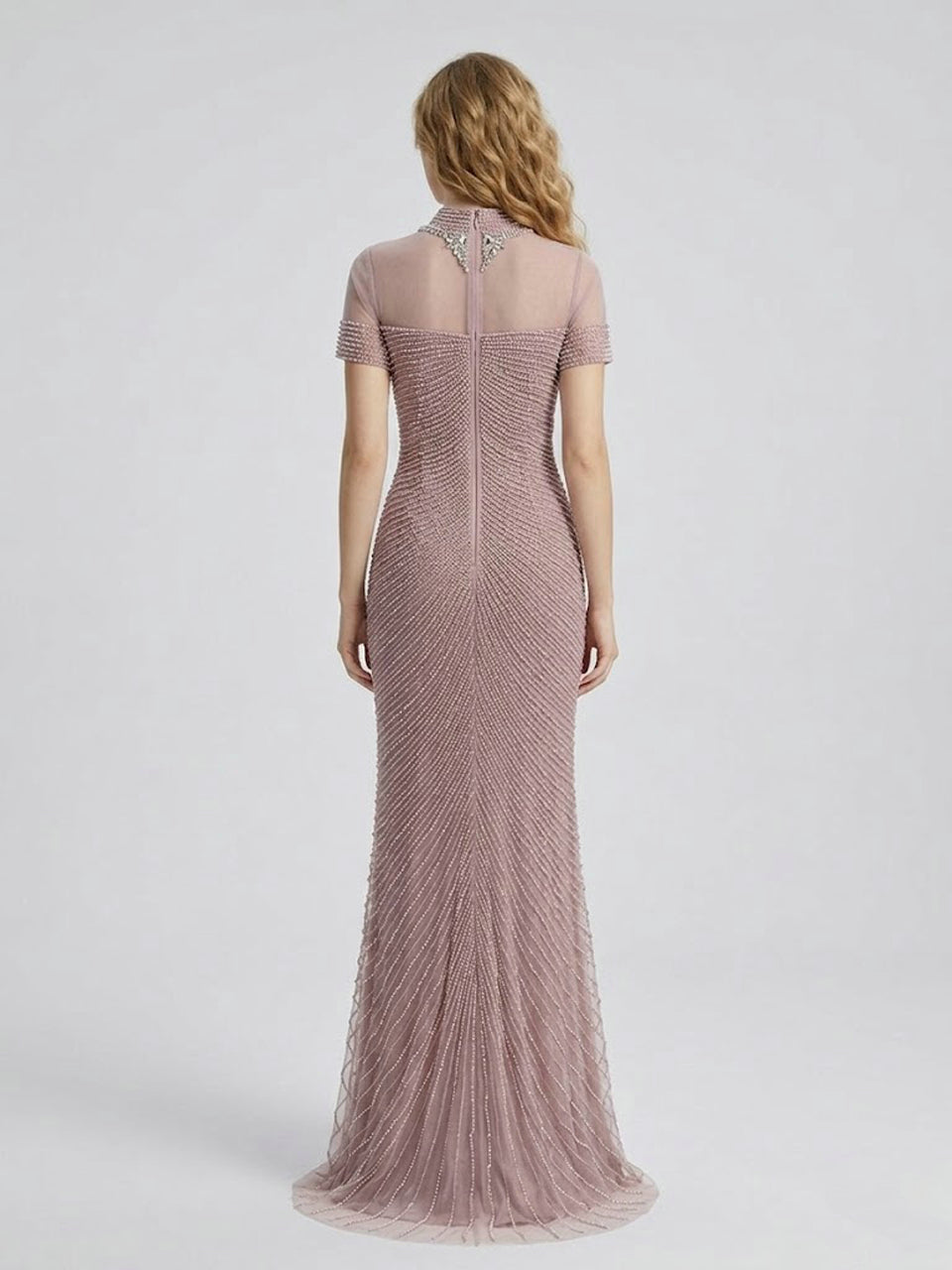 Pink Pearl Beaded Illusion Neckline Evening Gown with Slit MC20149