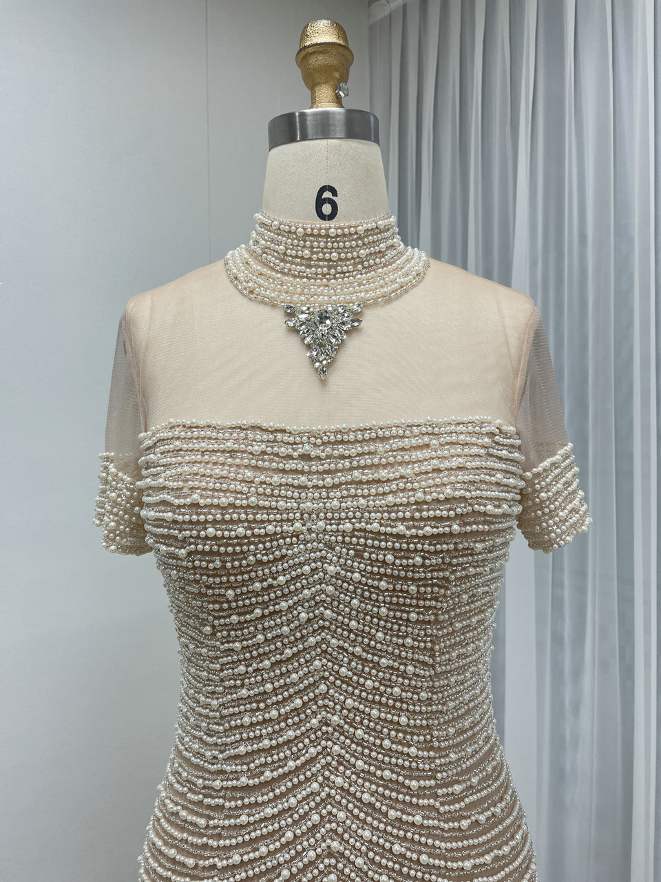 Pink Pearl Beaded Illusion Neckline Evening Gown with Slit MC20149