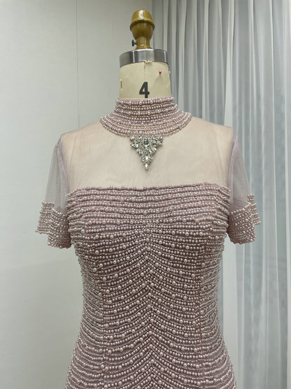 Pink Pearl Beaded Illusion Neckline Evening Gown with Slit MC20149