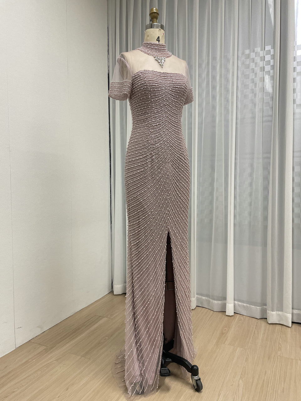 Pink Pearl Beaded Illusion Neckline Evening Gown with Slit MC20149