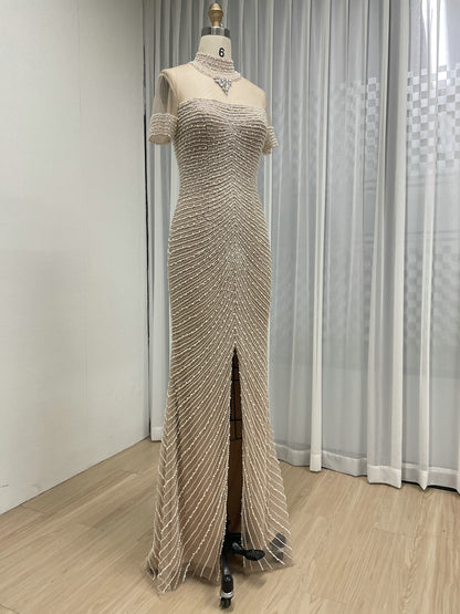 Pink Pearl Beaded Illusion Neckline Evening Gown with Slit MC20149