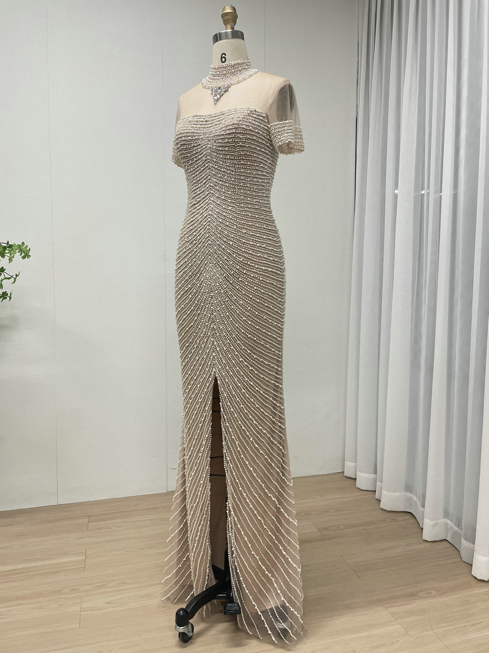 Pink Pearl Beaded Illusion Neckline Evening Gown with Slit MC20149