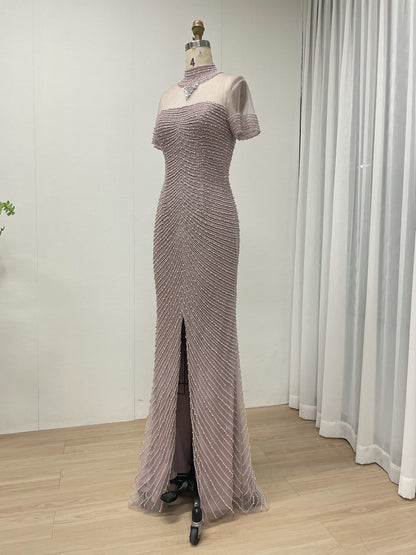 Pink Pearl Beaded Illusion Neckline Evening Gown with Slit MC20149