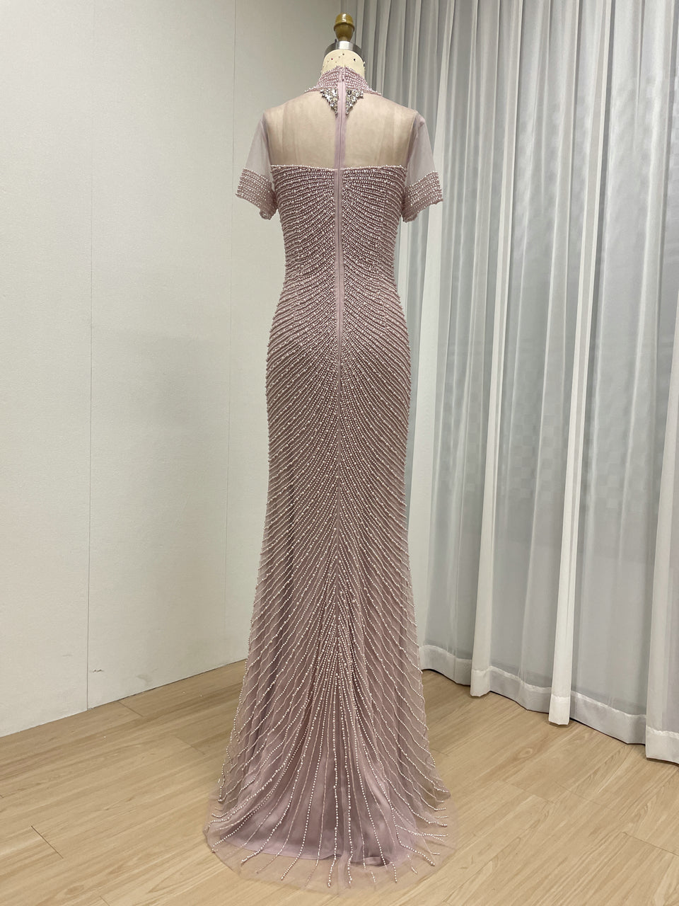 Pink Pearl Beaded Illusion Neckline Evening Gown with Slit MC20149