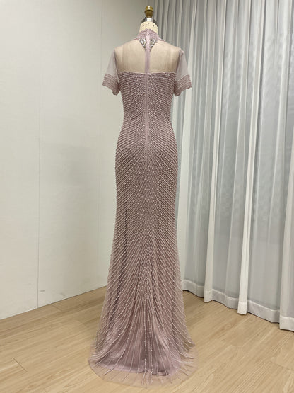 Pink Pearl Beaded Illusion Neckline Evening Gown with Slit MC20149