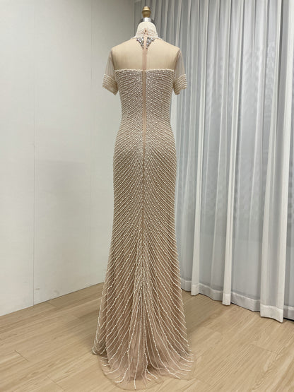 Pink Pearl Beaded Illusion Neckline Evening Gown with Slit MC20149