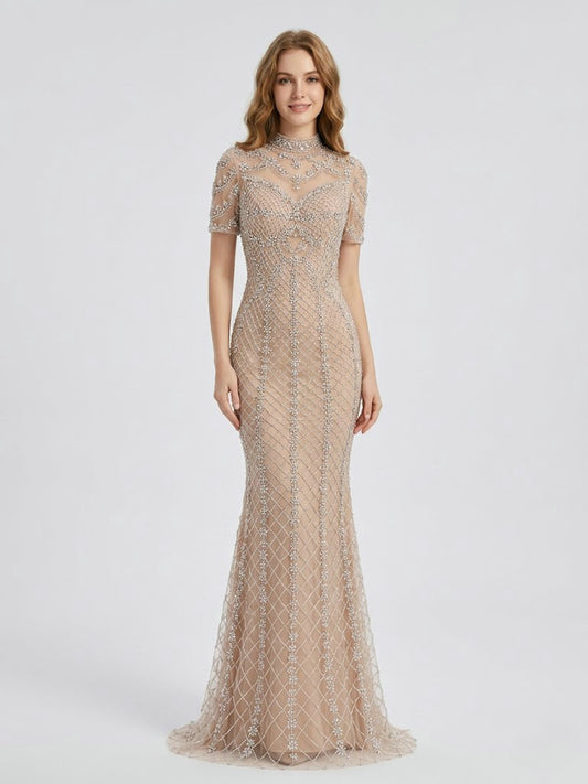 Champagne Beaded Illusion High Neck Mermaid Evening Gown MC20150