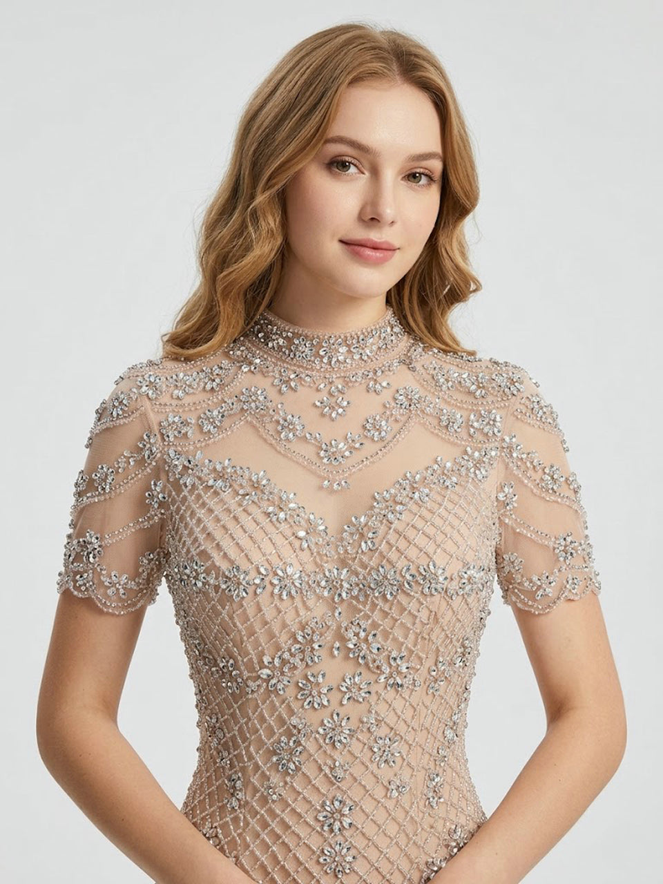 Champagne Beaded Illusion High Neck Mermaid Evening Gown MC20150