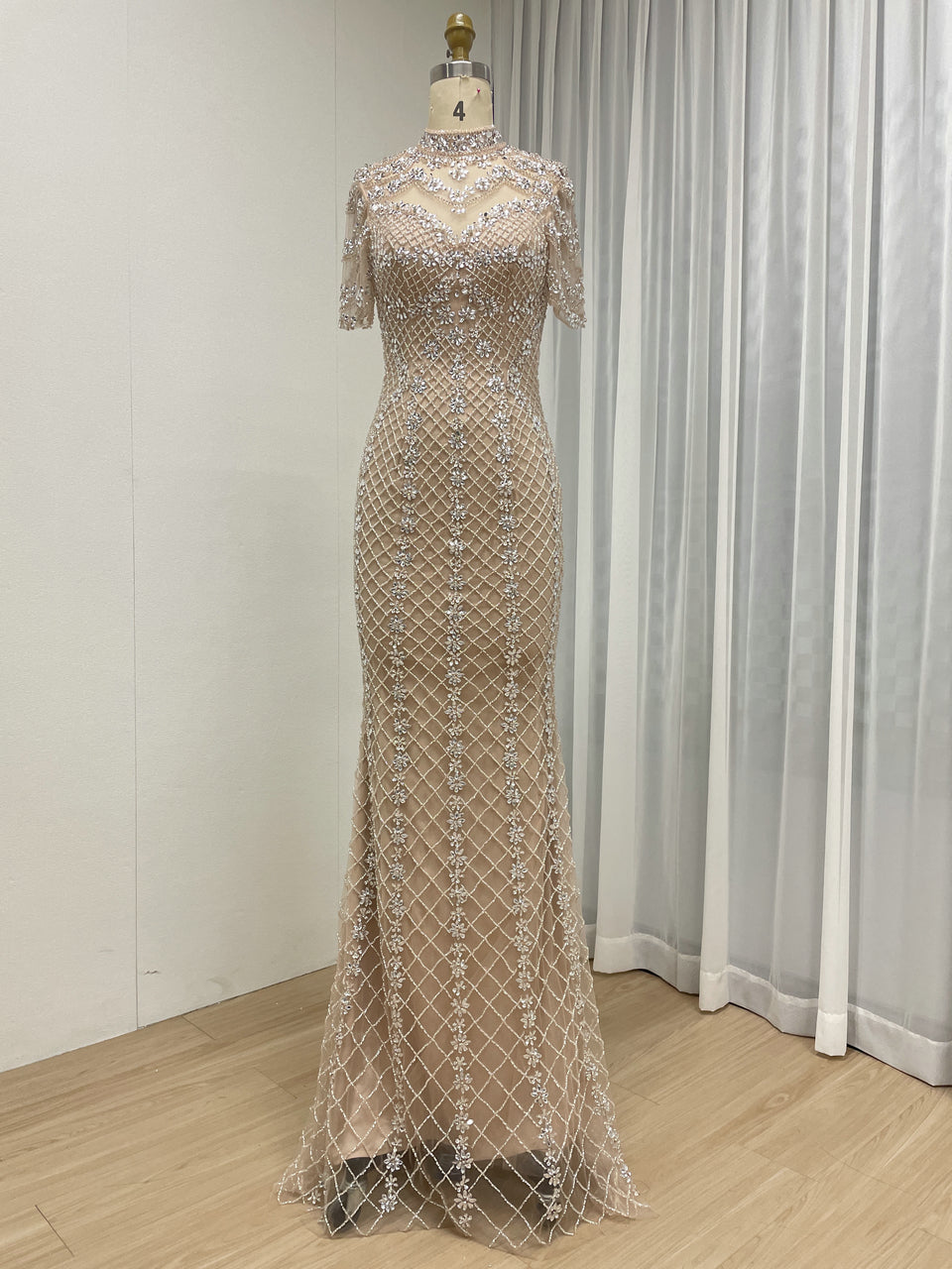 Champagne Beaded Illusion High Neck Mermaid Evening Gown MC20150