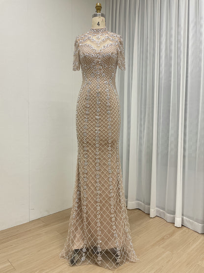 Champagne Beaded Illusion High Neck Mermaid Evening Gown MC20150
