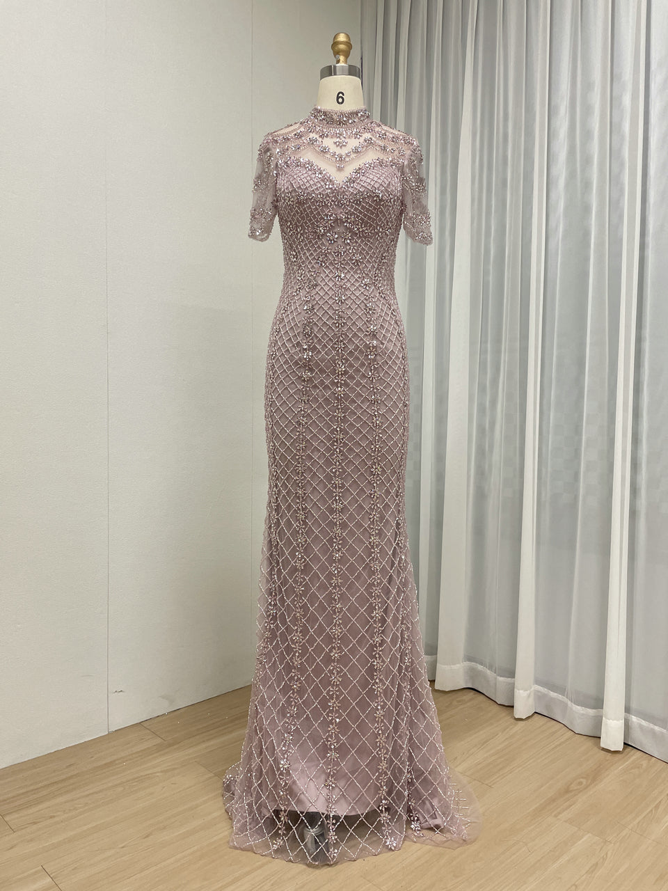 Champagne Beaded Illusion High Neck Mermaid Evening Gown MC20150