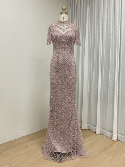 Champagne Beaded Illusion High Neck Mermaid Evening Gown MC20150