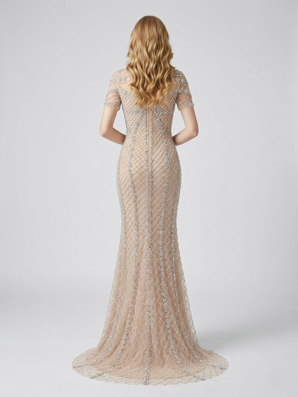 Champagne Beaded Illusion High Neck Mermaid Evening Gown MC20150
