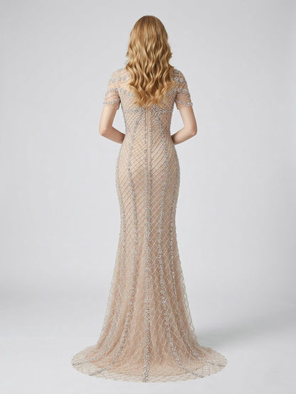 Champagne Beaded Illusion High Neck Mermaid Evening Gown MC20150