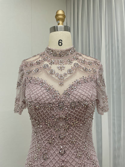Champagne Beaded Illusion High Neck Mermaid Evening Gown MC20150