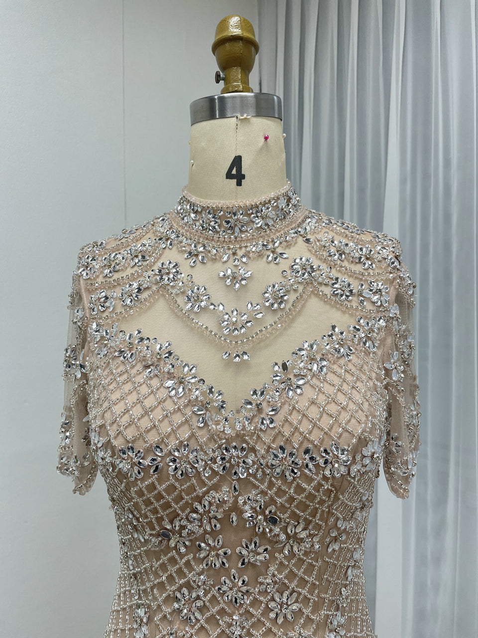 Champagne Beaded Illusion High Neck Mermaid Evening Gown MC20150
