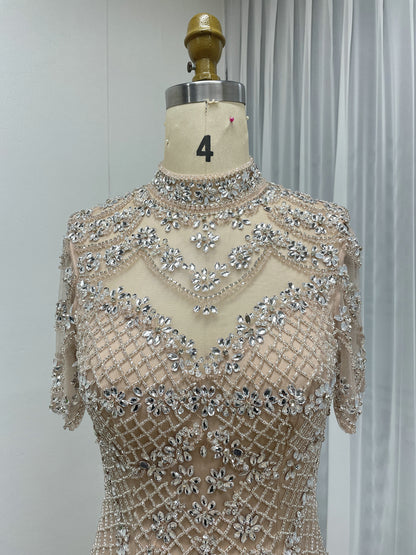 Champagne Beaded Illusion High Neck Mermaid Evening Gown MC20150