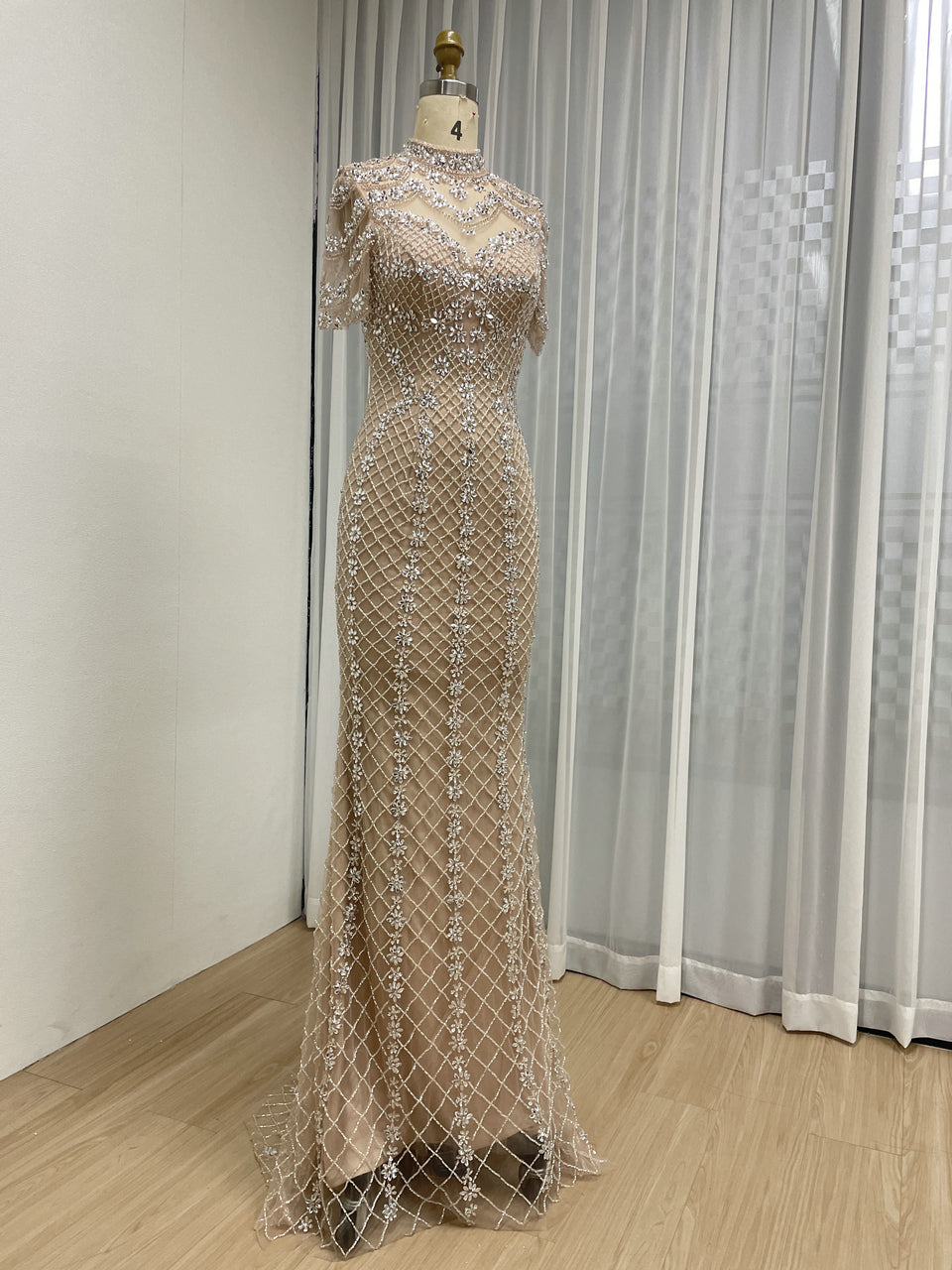 Champagne Beaded Illusion High Neck Mermaid Evening Gown MC20150