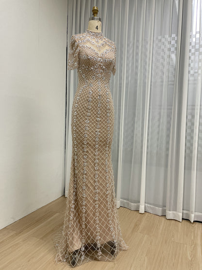 Champagne Beaded Illusion High Neck Mermaid Evening Gown MC20150