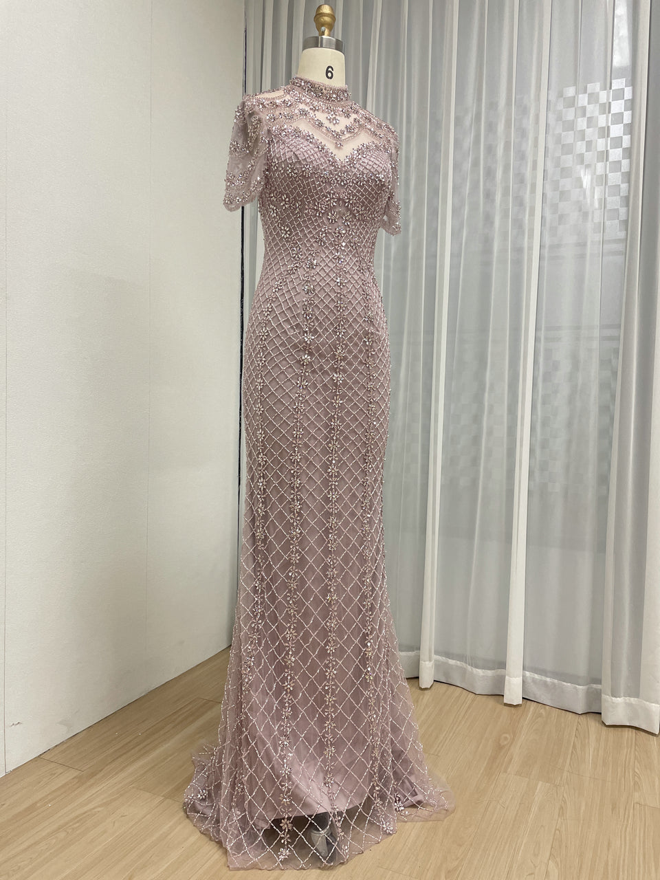 Champagne Beaded Illusion High Neck Mermaid Evening Gown MC20150