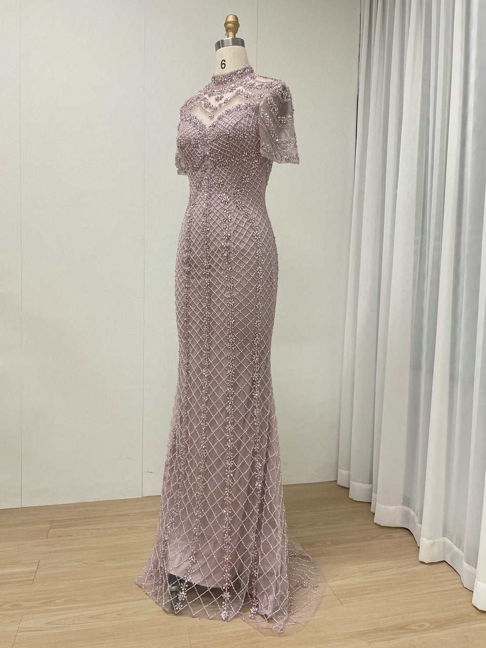 Champagne Beaded Illusion High Neck Mermaid Evening Gown MC20150
