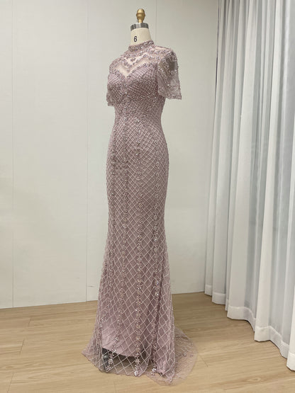 Champagne Beaded Illusion High Neck Mermaid Evening Gown MC20150
