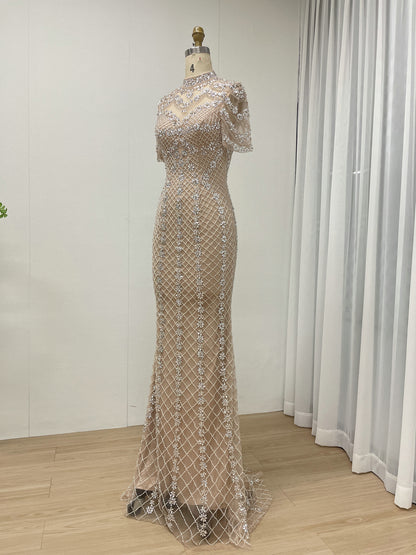 Champagne Beaded Illusion High Neck Mermaid Evening Gown MC20150