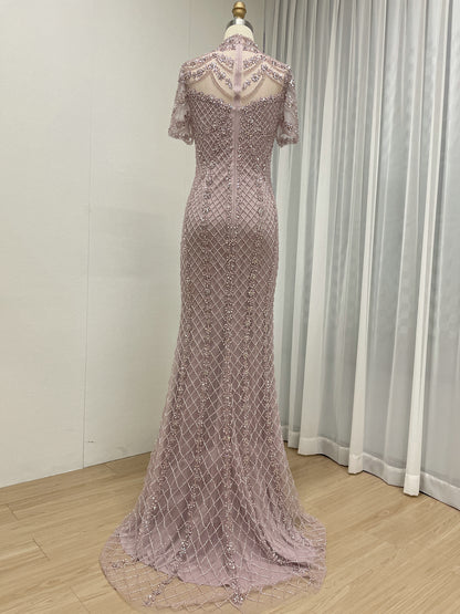 Champagne Beaded Illusion High Neck Mermaid Evening Gown MC20150