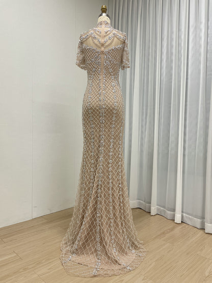 Champagne Beaded Illusion High Neck Mermaid Evening Gown MC20150