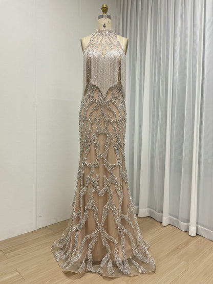 Champagne Beaded Fringe High Neck Prom Dress with Silver Sequins MC20151