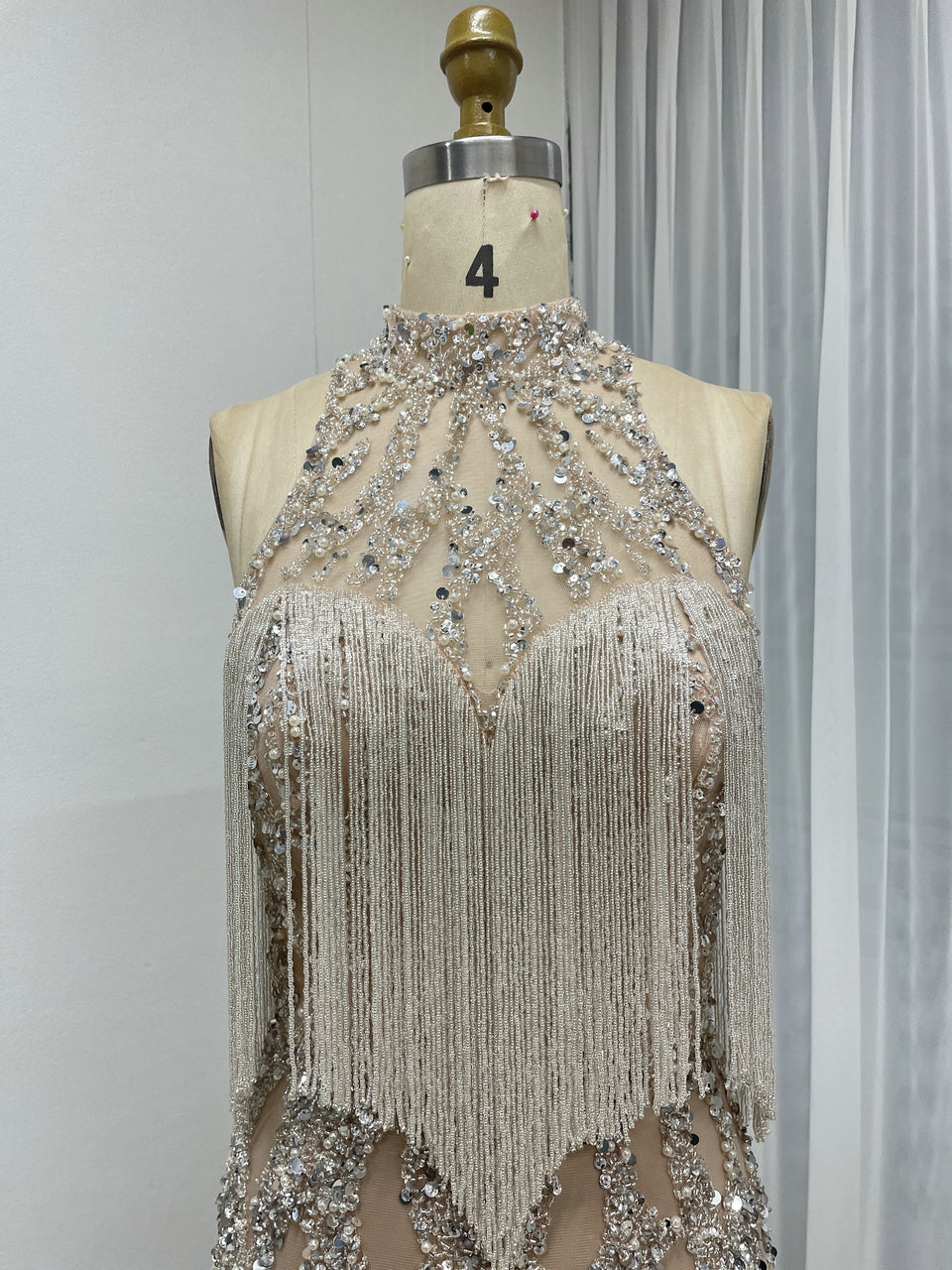 Champagne Beaded Fringe High Neck Prom Dress with Silver Sequins MC20151