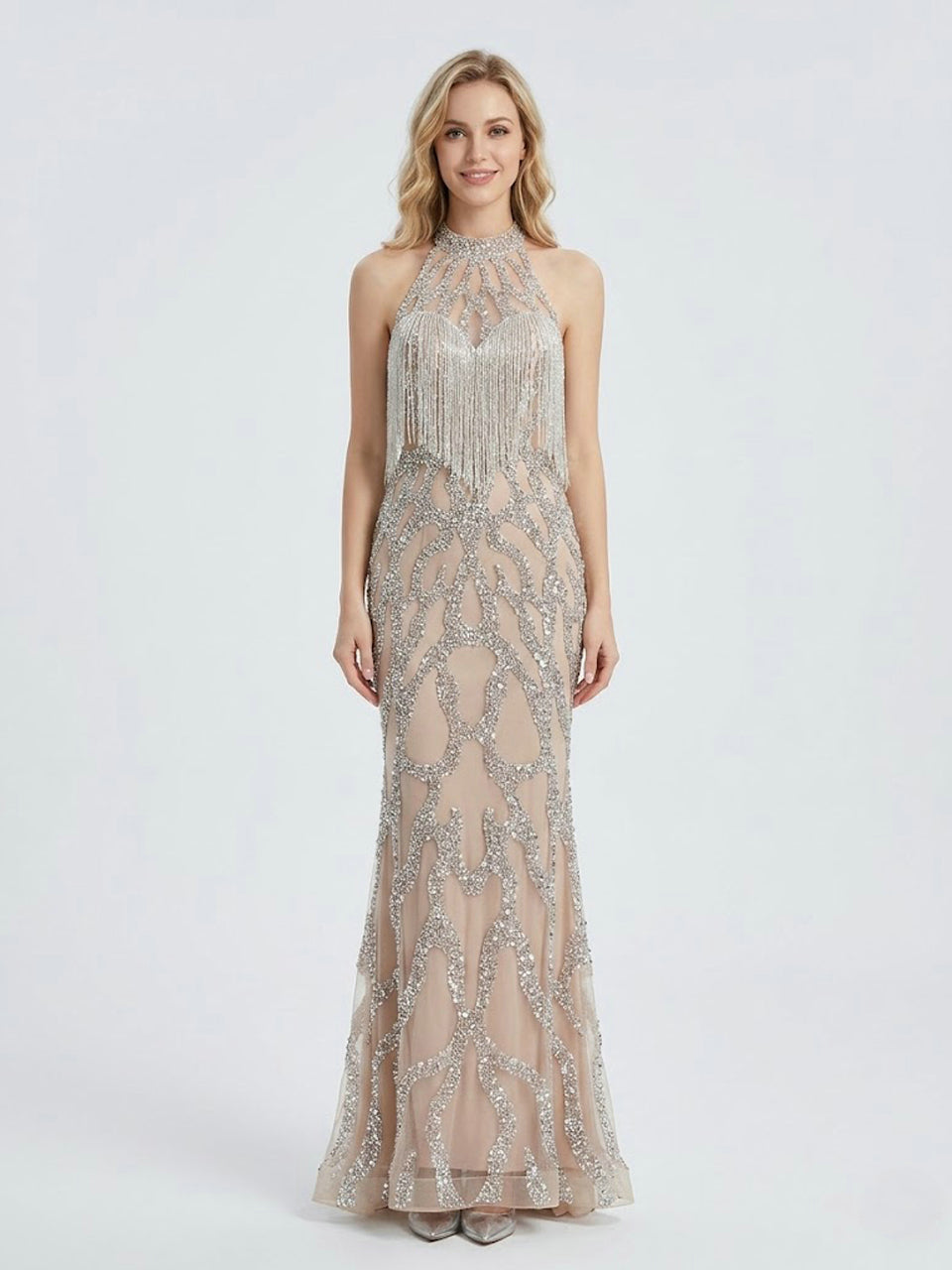 Champagne Beaded Fringe High Neck Prom Dress with Silver Sequins MC20151