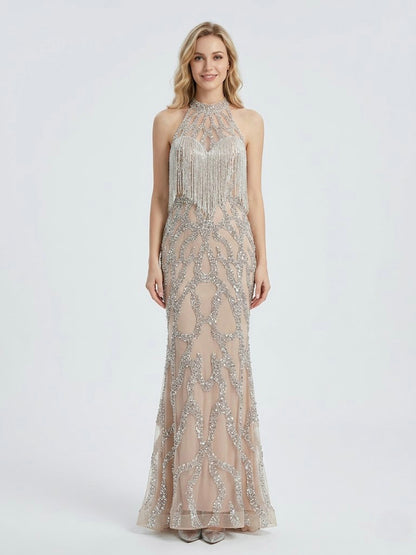 Champagne Beaded Fringe High Neck Prom Dress with Silver Sequins MC20151