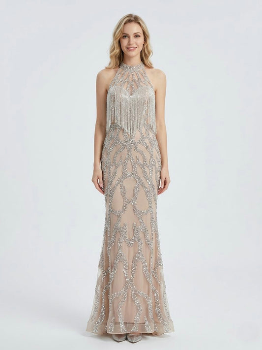 Champagne Beaded Fringe High Neck Prom Dress with Silver Sequins MC20151
