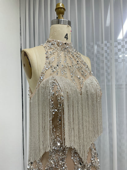 Champagne Beaded Fringe High Neck Prom Dress with Silver Sequins MC20151