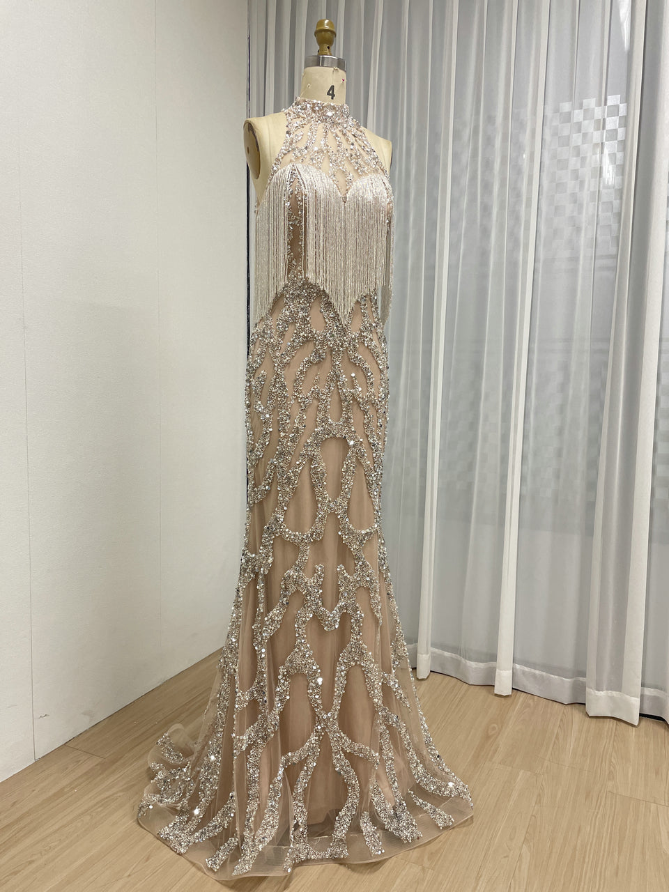 Champagne Beaded Fringe High Neck Prom Dress with Silver Sequins MC20151