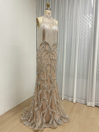 Champagne Beaded Fringe High Neck Prom Dress with Silver Sequins MC20151