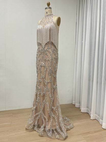 Champagne Beaded Fringe High Neck Prom Dress with Silver Sequins MC20151