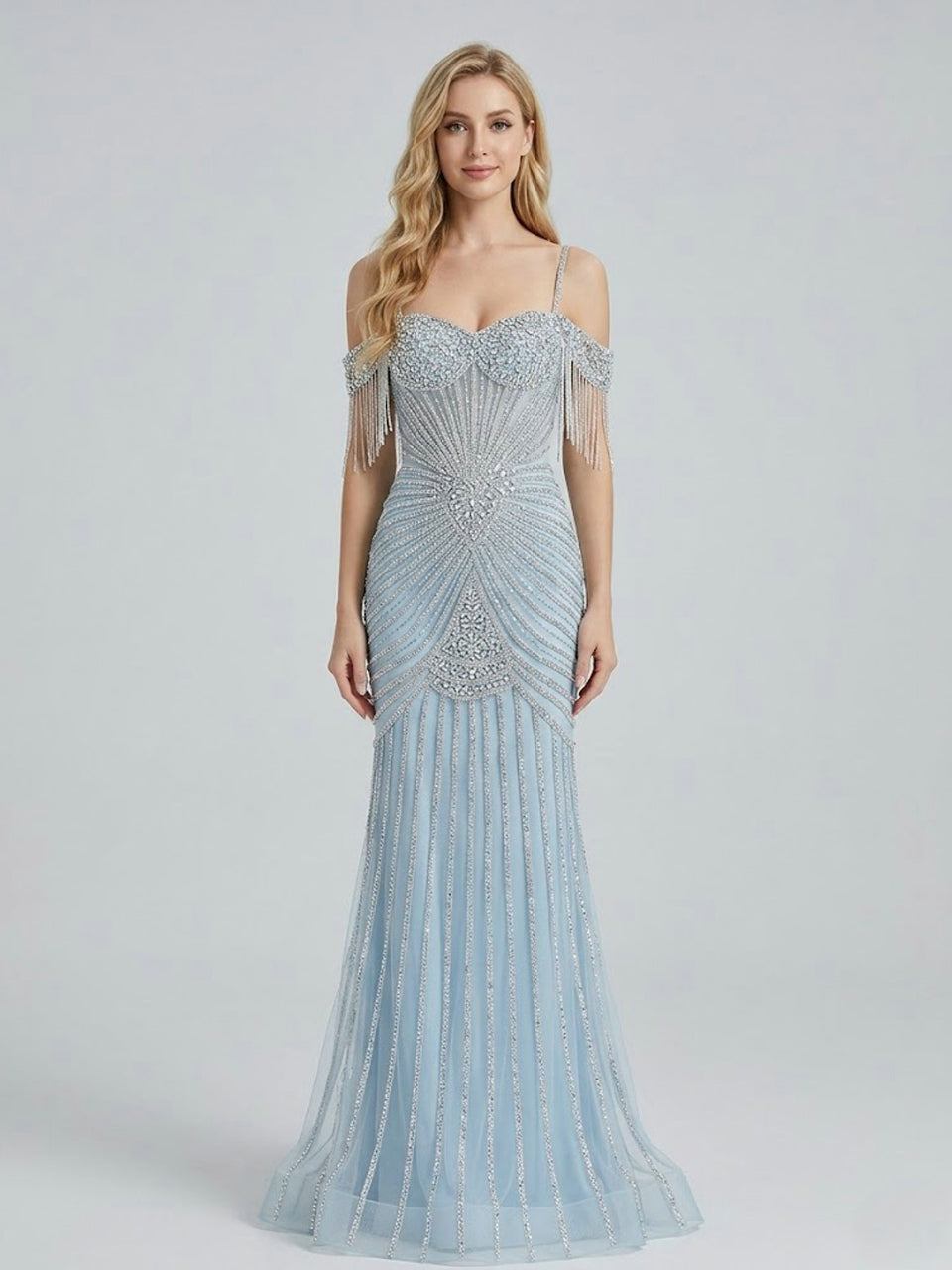 Formal Blue Crystal Embellished Floor-Length Gala Gown MC20152