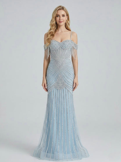 Formal Blue Crystal Embellished Floor-Length Gala Gown MC20152